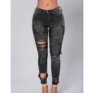 Distressed patched jeans